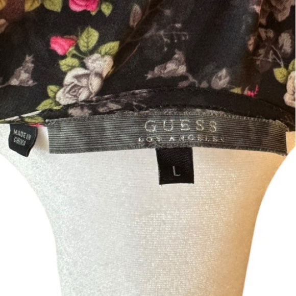 Guess Black Floral Ruffle Wrap Dress L Romantic Sleeveless V-neck Layered Hem - Picture 7 of 7